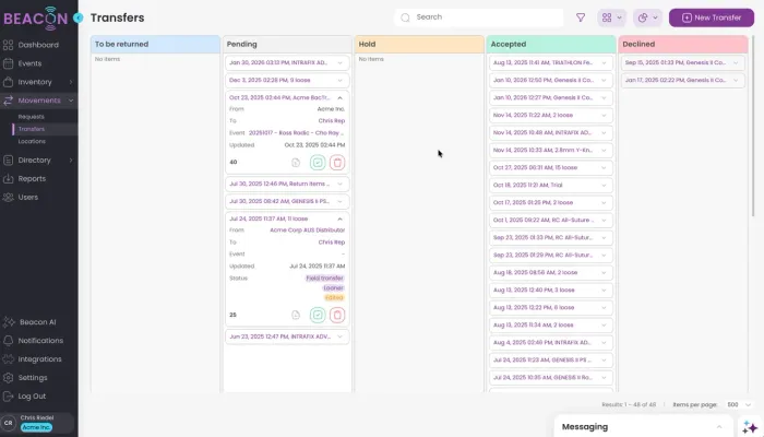 Beacon transfers view showing field inventory movement between locations